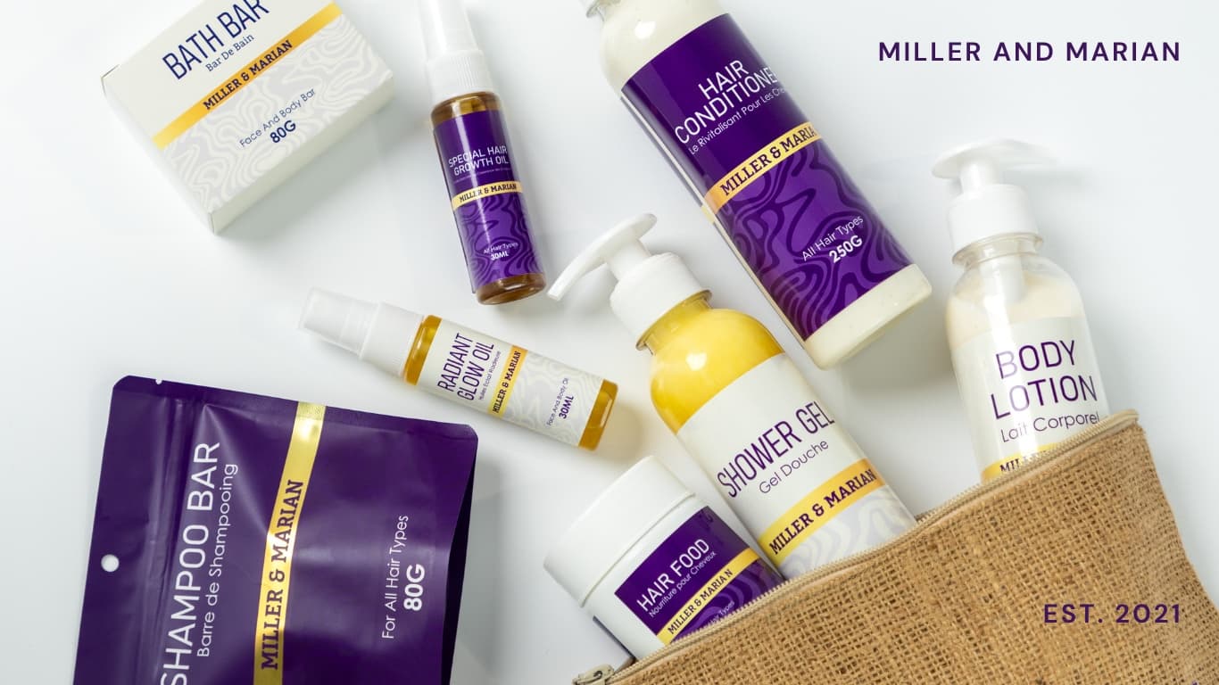 Miller & Marian shea butter skin and hair care range - shampoo bar, body lotion, hair conditioner, shower gel, and more.